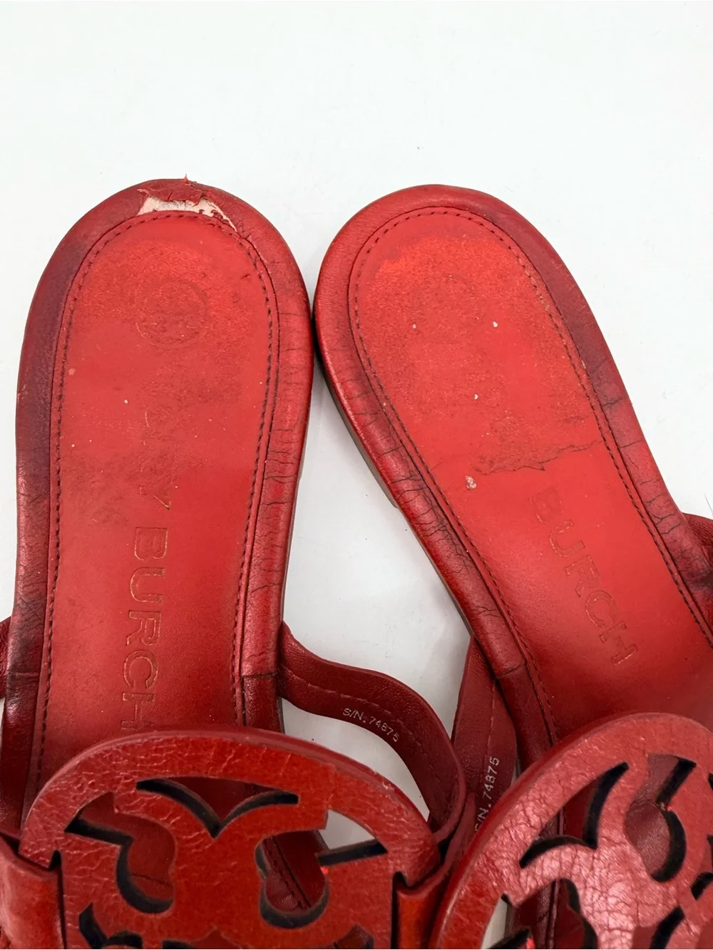 Tory Burch Red Leather Miller Logo Thong Sandals 9 FLAWS